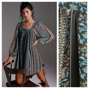 Anthropologie Blue Green Floral Sona Tunic Mini Dress Small